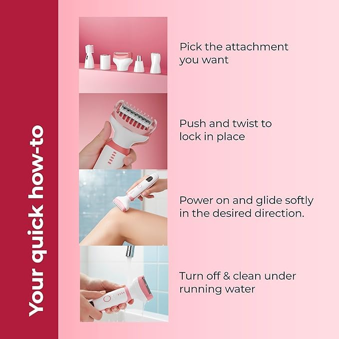 Lifelong GlideOff Luxe 5-in-1 Women’s Face & Body Trimmer | Electric Shaver & Razor with 5 Interchangeable Heads for Bikini, Eyebrow, Nose & Ear Hair Removal, 120 Min Runtime, USB Type-C Charging