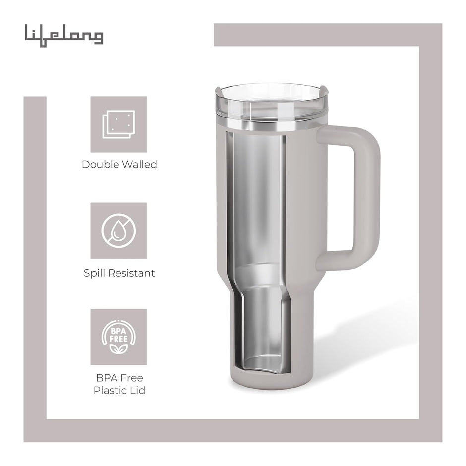 Lifelong Double-Walled Vacuum Insulated Tumbler with Lid & Straw 1200ml|Keeps Drinks Hot for 8 Hours & Cold for 12 Hours| Durable Stainless SteelTumbler with Comfort-Grip Handle(LLTBR010,Almond Birch)