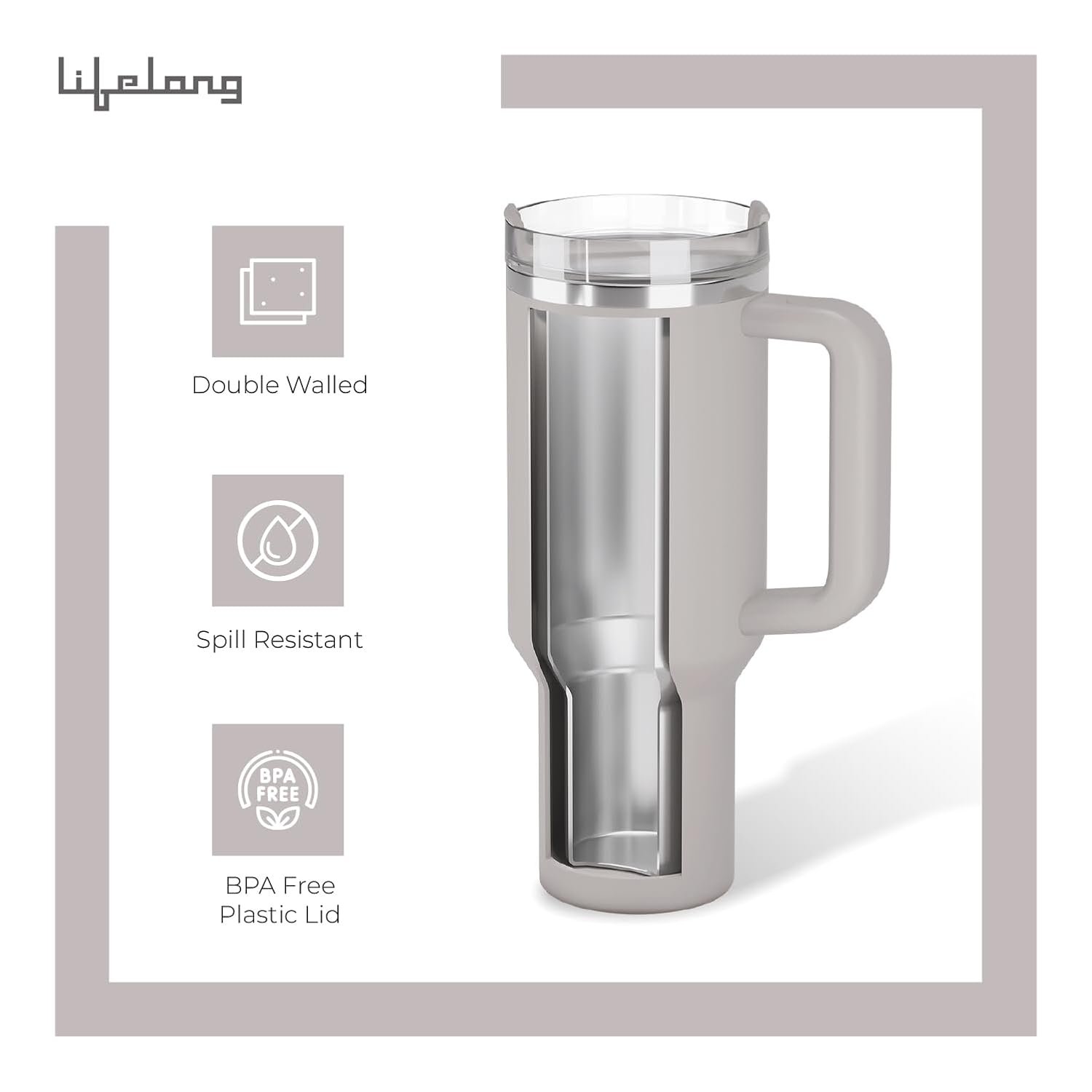 Lifelong Double-Walled Vacuum Insulated Tumbler with Lid & Straw 1200ml|Keeps Drinks Hot for 8 Hours & Cold for 12 Hours| Durable Stainless SteelTumbler with Comfort-Grip Handle(LLTBR010,Almond Birch)
