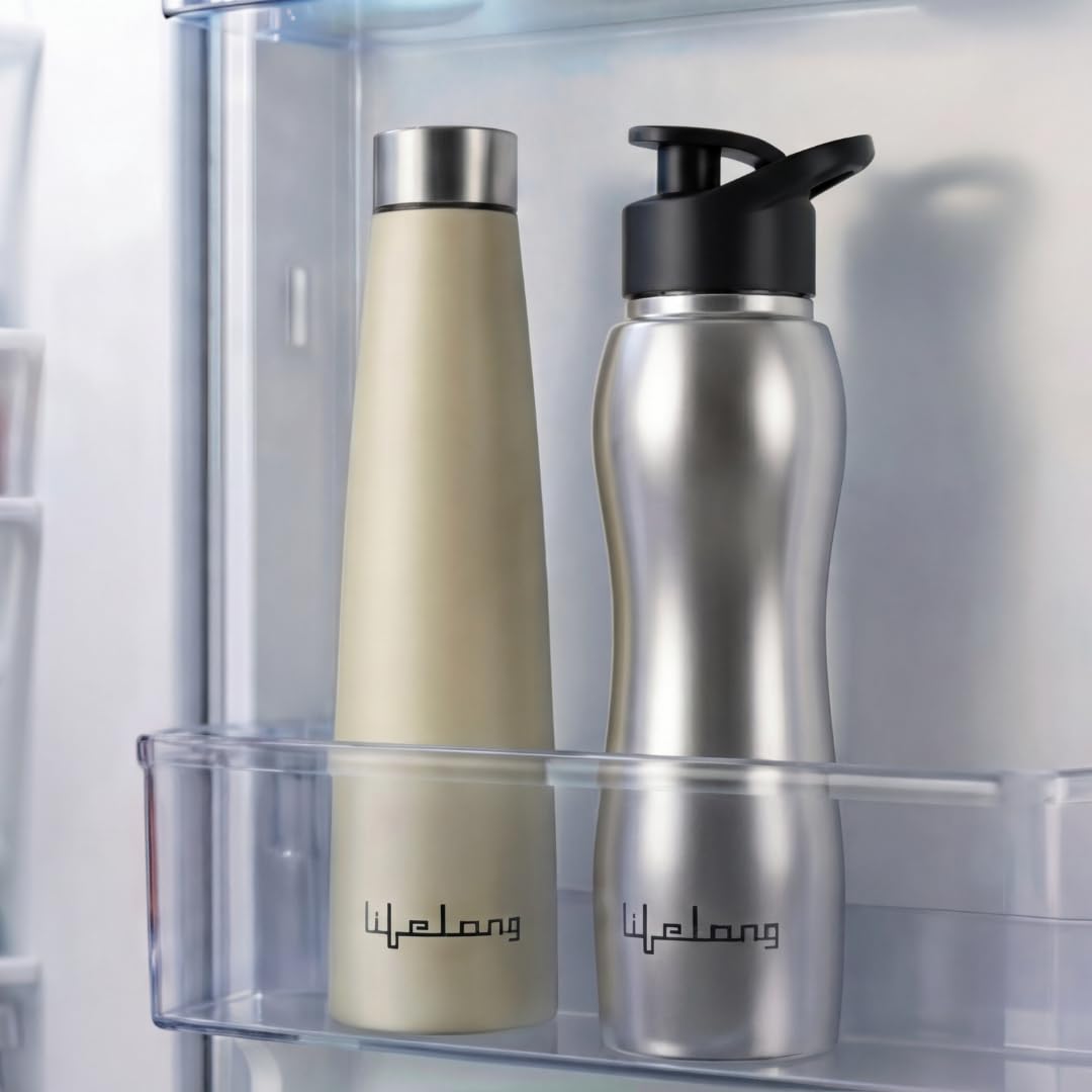 Lifelong Stainless Steel Water Bottle Combo of 2 | Durable, Leak-Proof, Rust Free | Easy-to-Clean & Odour-Free with Secure Cap | Ideal for School, Travel, Gym & Work (Beige â€“ 900ml, Silver â€“ 750ml)