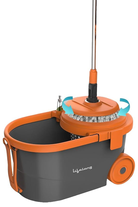 Lifelong 12L Spin Floor Mop Set with 360° Bucket & Microfiber Refills (Orange)