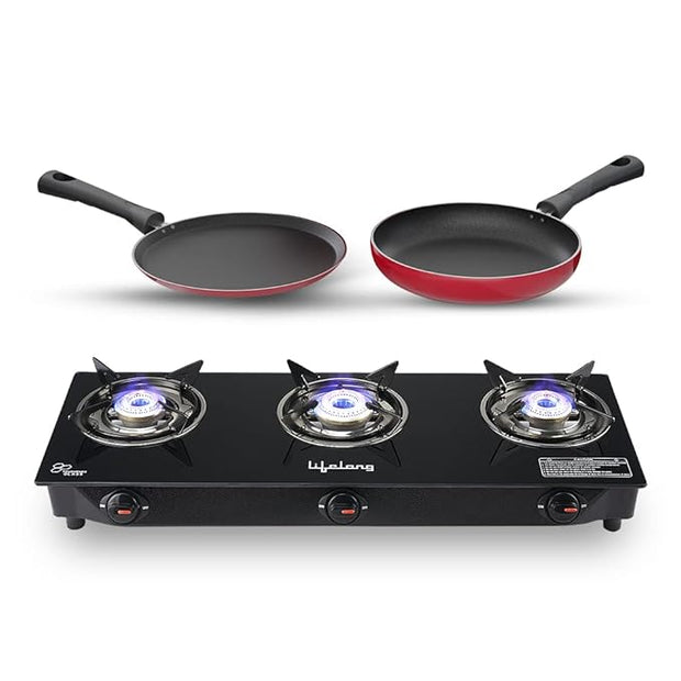 Lifelong 3 Burner Glass Top Gas Stove with Dosa Tawa & Fry Pan Combo – Manual Ignition, High Efficiency (Black)