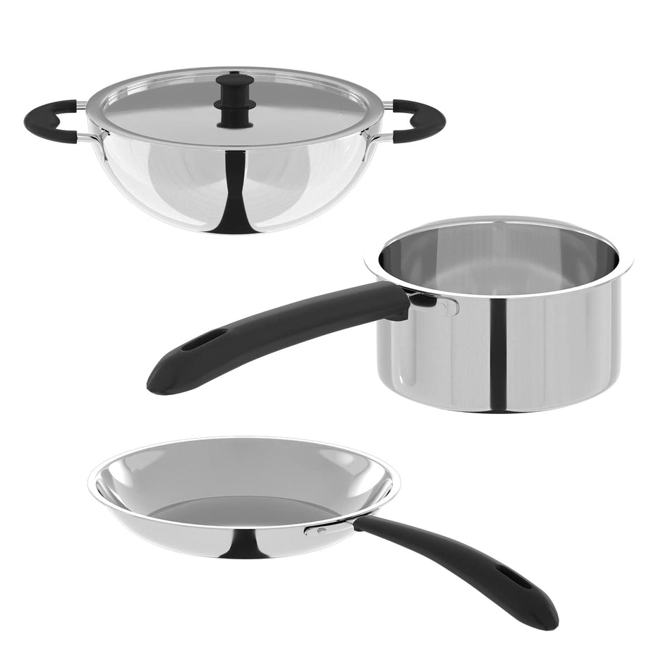 Lifelong 3 pc Cookware | 2 Litre Stainless Steel Kadhai with SS Lid 23 CM