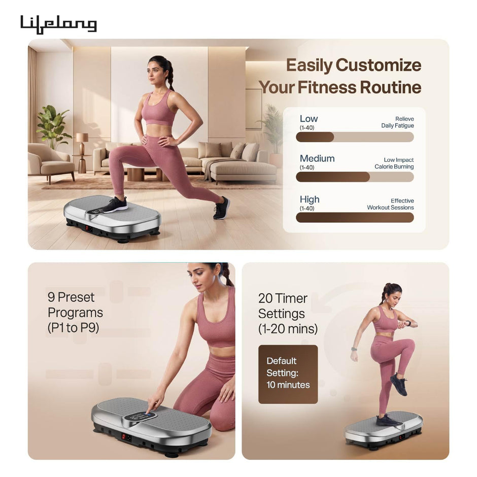 Lifelong Vibration Plate Exercise Machine with Remote & Resistance Bands |Home & Gym Full Body Massager Machine for Pain Relief, Tone Muscles & Weight Loss| 9Programs, 120Speeds, 20Timers, Bluetooth