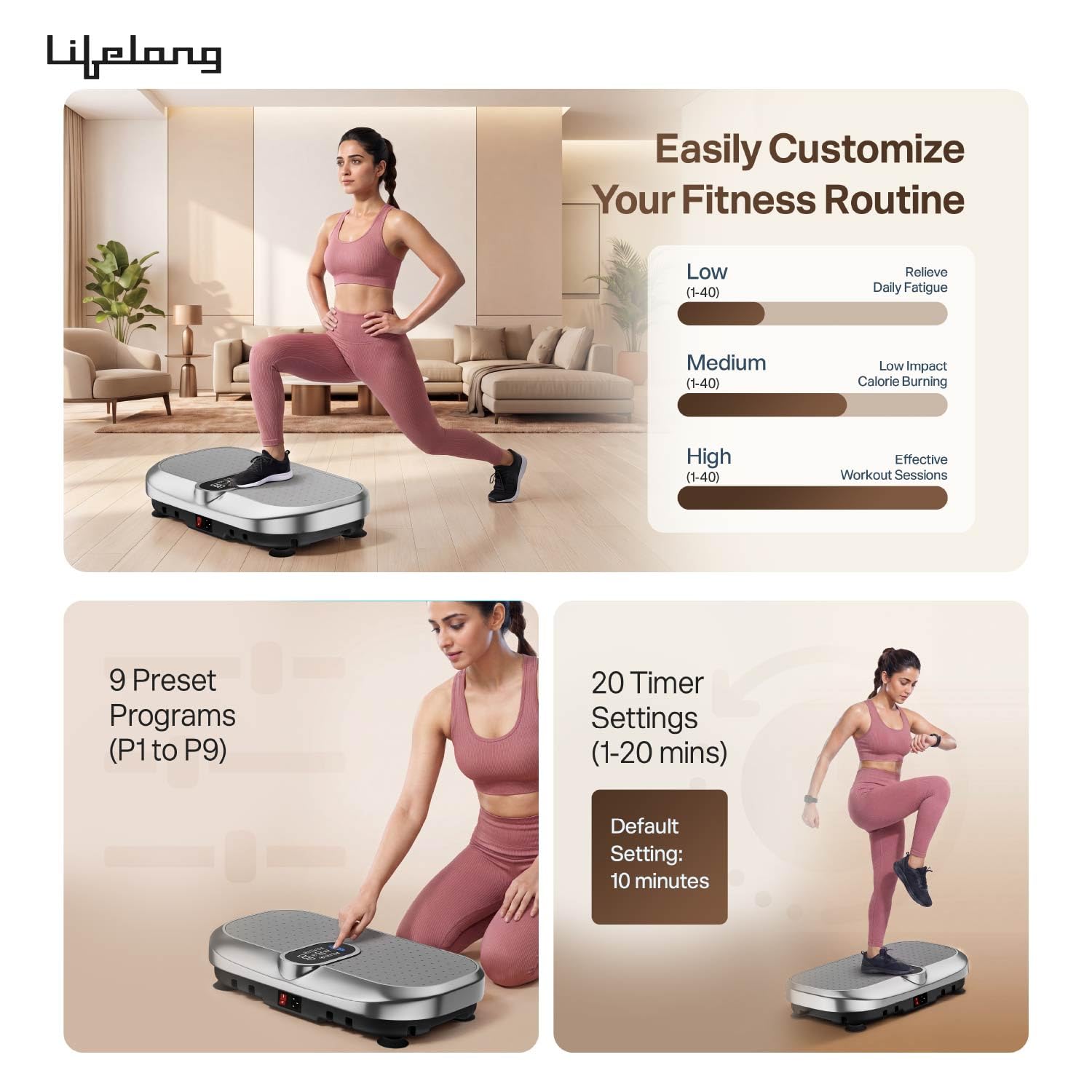 Lifelong Vibration Plate Exercise Machine with Remote & Resistance Bands |Home & Gym Full Body Massager Machine for Pain Relief, Tone Muscles & Weight Loss| 9Programs, 120Speeds, 20Timers, Bluetooth