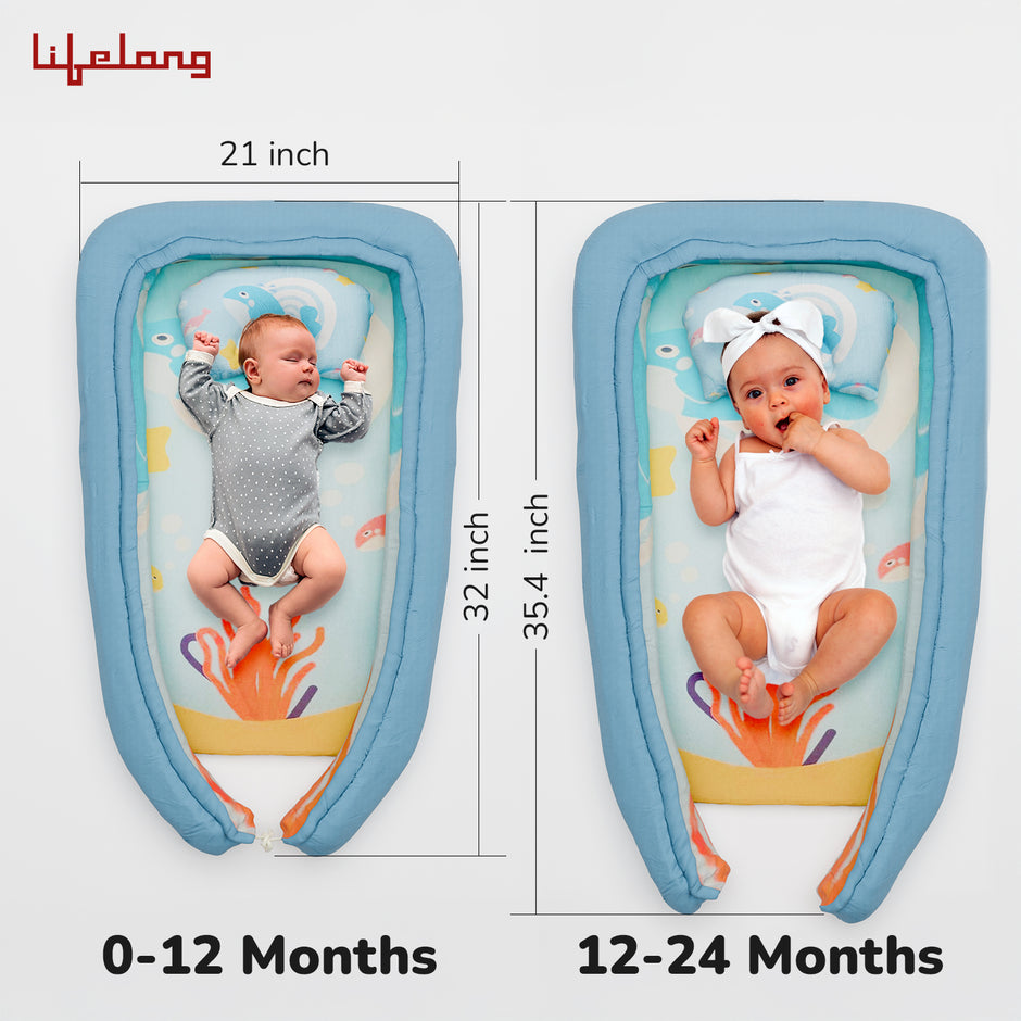 Lifelong Cuppy Newborn Baby Nest Bed with Headrest | Reversible, Foldable & Adjustable Infant Sleeping Bed | Soft Cotton Mattress for 0–2 Years