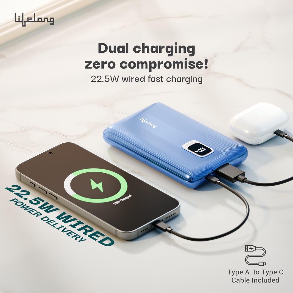 Lifelong 10000mAh Fast Charging Power Bank with Digital Display | Type C Input | 2 Output Ports | Quick Charge 3.0 | 22.5 W PD Powerbank | Cable Included