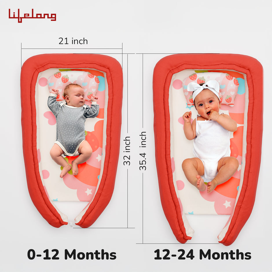 Lifelong Cuppy Baby Nest Bed with Headrest | Reversible, Foldable & Adjustable Sleeping Bed for Newborns | Soft Cotton Portable Sleep Pod for 0–2 Years