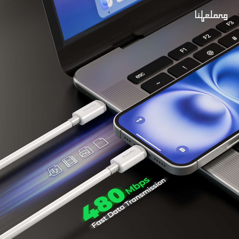 Lifelong Electronics 60W PD USB Type C to Type C Fast Charging Cable | High Speed Data Cable | Nylon Braided, Transparent PVC Case & Tangle Free | iPhone 16/15/14, Android, Laptop, Tablet etc. | 1.25M