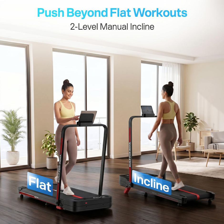 Lifelong 4 HP MotorizedTreadmill for Home|2-Level Manual Incline |Speed 1-10 km/h |LED Display|12 Workout Programs |100 kg Capacity |Gym Equipment for Home Workout| Foldable Handle| iPad & Phone Stand