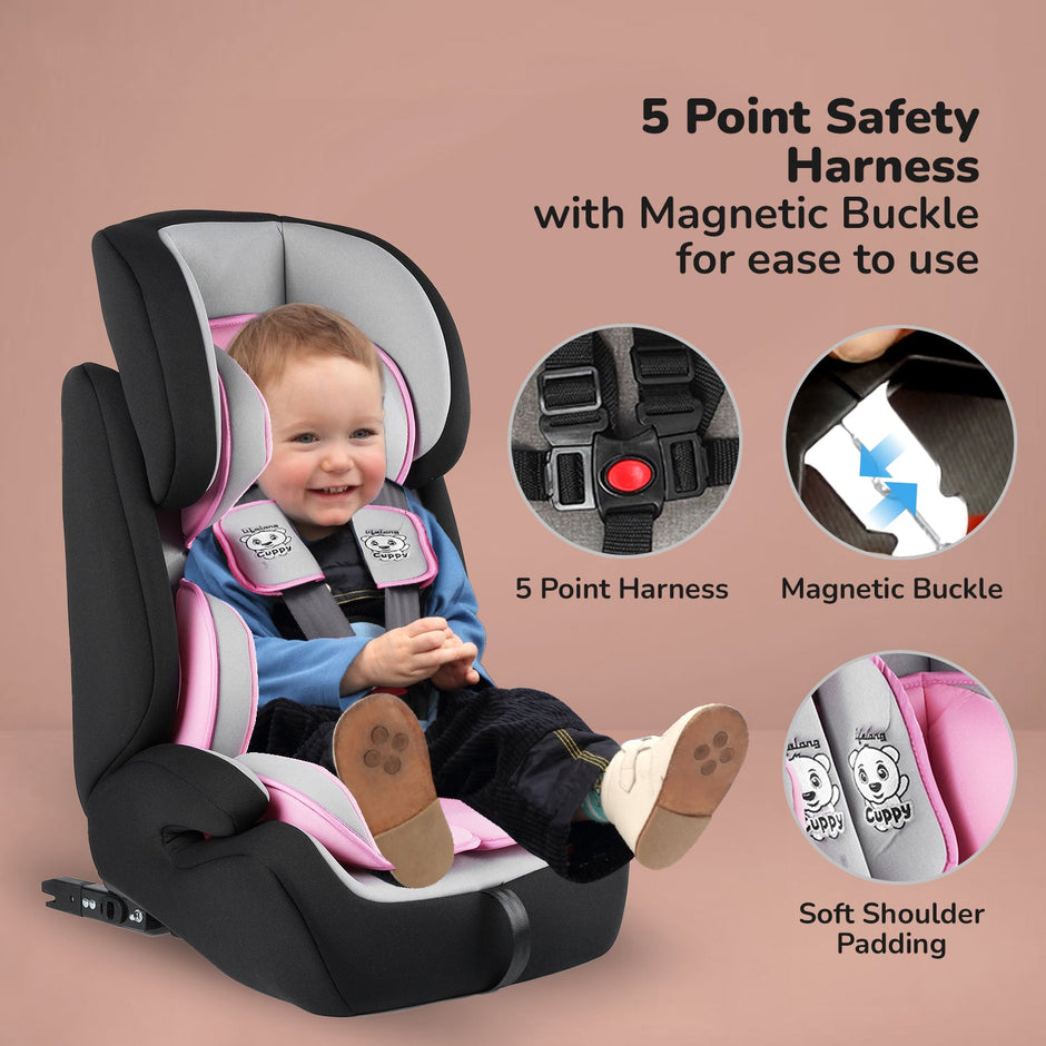 Lifelong Cuppy Baby Car Seat with Isofix of 0 to 12 Years Age Safety Certified Growing Car Seat for Kids (Pink Grey)