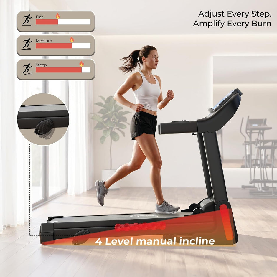 Lifelong 4.5HP Motorized Treadmill for Home | Manual Incline 12% Foldable Handle Max Speed 12 km/h LED Display | 12 Workout Programs |110 kg Capacity| Ideal Gym Equipment for Home Workout Jet Black