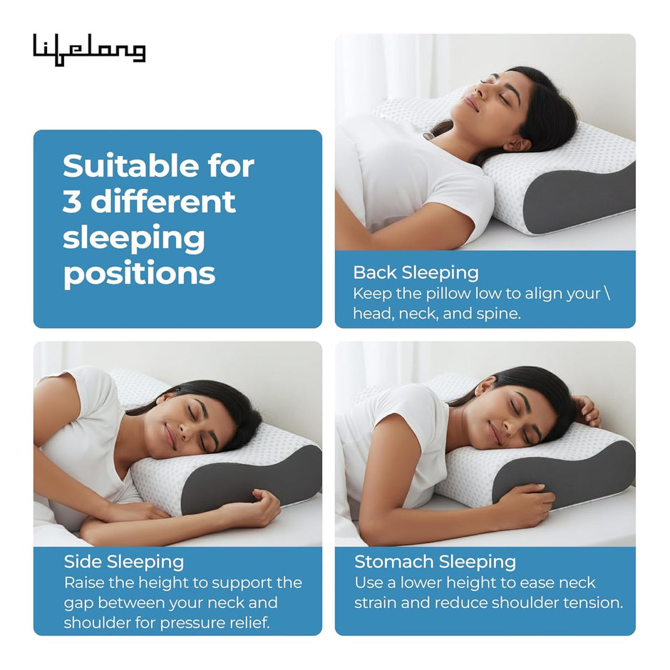 Lifelong Memory Foam Cervical Pillow for Neck Support | Pack of 2 - Bed Pillow | Orthopedic Contour Foam Pillow for Neck Pain with Breathable Cover | Fits Side & Back Sleepers | Pain Relief for Adults