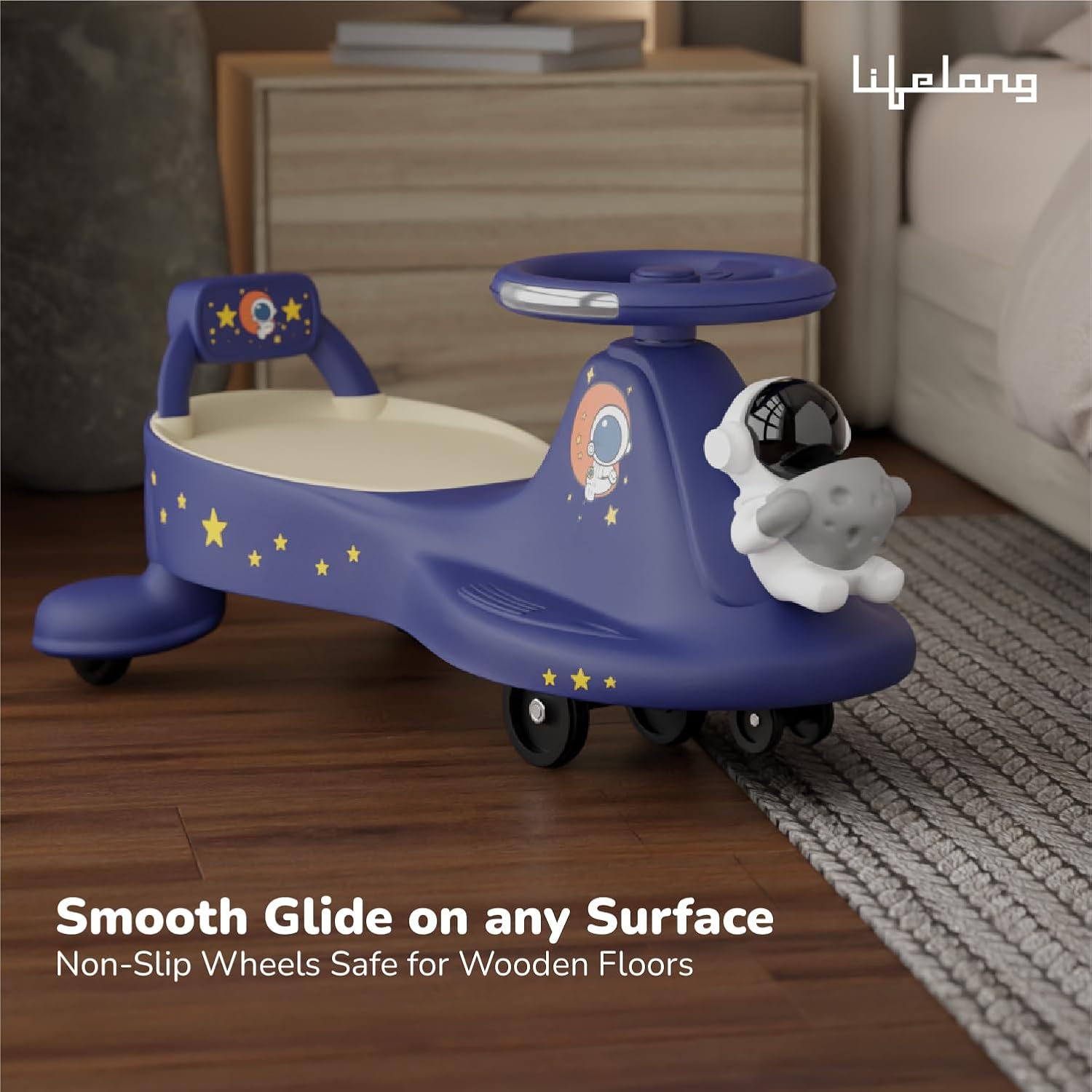 Cuppy Galaxy Ride On Swing Car for Kids | Space Theme, No Battery, No Pedal, Non-Slip Wheels