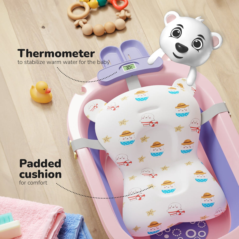 Lifelong Cuppy Baby Bath Tub - Foldable & Padded with Thermometer for 0-3 Years, Dual Tone Design