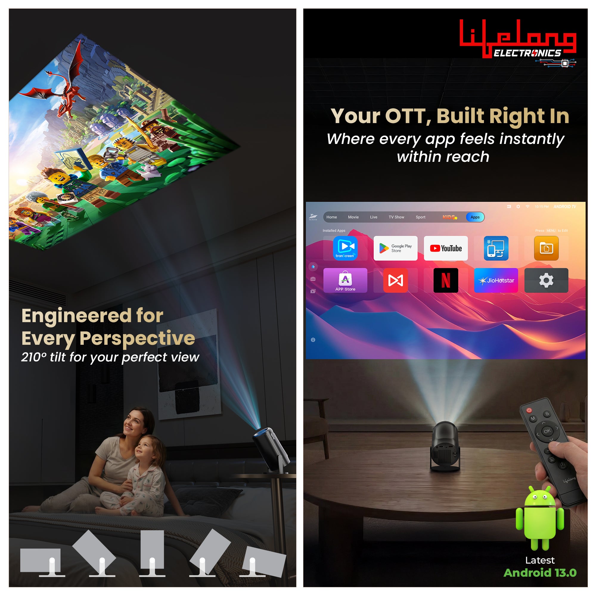 Lifelong Electronics Built-in Live TV Smart Projector | With 125+ Channels (No Subscription Required) | Android, 1080P & 4K Ultra HD Support, 720P Native | For Room & Outdoors | All OTT Apps | WiFi/BT