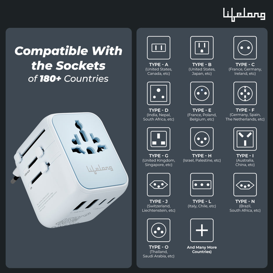 Lifelong Electronics 2500W Universal Travel Adapter All in One | 3 Type-C 45W PD & 2 USB-A 18W QC 3.0 | Dual Fuse Protection | 180+ Countries - Europe/US/Asia etc | International Socket