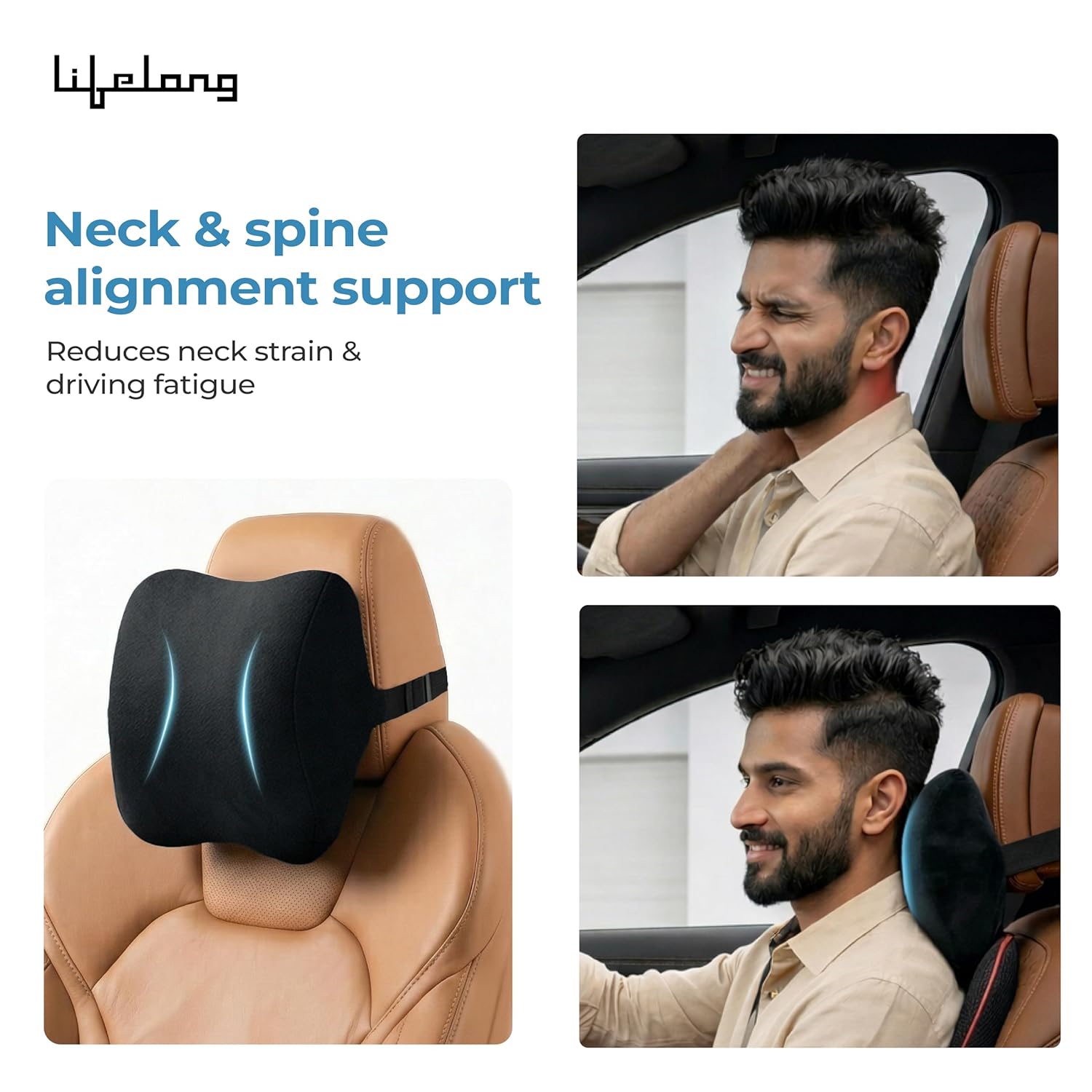 Lifelong Car Seat Cushion & Lumbar Support Combo | 100% Memory Foam Backrest, Headrest Neck Pillow for Driving, Sciatica & Tailbone Pain Relief | Ergonomic 3-in-1 Set, Adjustable Strap (LLCOM03)