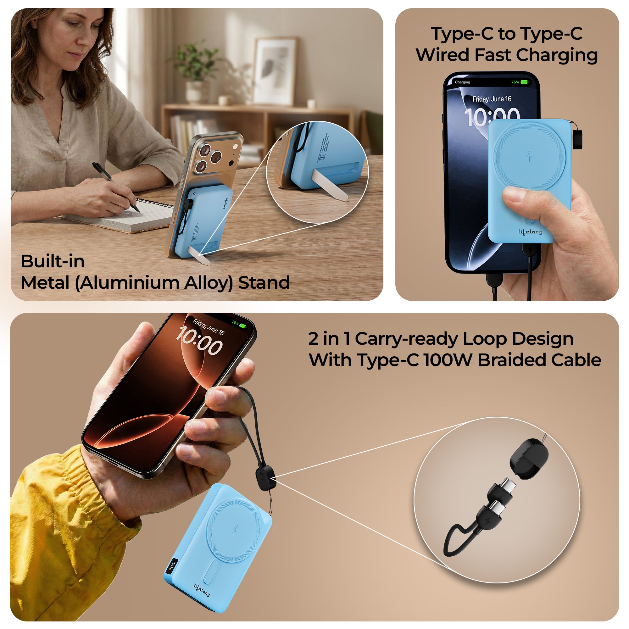 Lifelong Electronics 10000mAh MagSafe Wireless Power Bank | for iPhone, Apple AirPods & All Qi Enabled Phones | Supports Wired Fast Charging | Pocket Size Powerbank with Metal Stand, Display & Cable