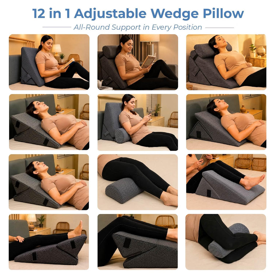 Lifelong Adjustable Wedge Pillow with Headrest, Washable Cover |1” Memory Foam Orthopaedic Back, Leg Support Pillow for Bed & Sofa| 12in1 Wedge Cushion for GERD, Acid Reflux, Leg Elevation, Pregnancy