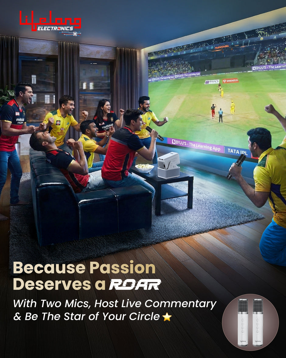 Lifelong Electronics ROAR Projector with 2 Mics | Booming 20W Speakers | Cricket Commentary, Karaoke Party & Room Cinema | 1080P & 4K Ultra HD Support | All Android OTT Apps | Ultra Bright 150” Screen