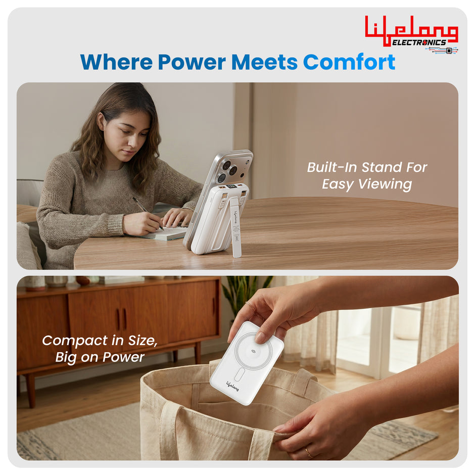 Lifelong Electronics 10000mAh MagSafe Wireless Power Bank | 2 Cables - Lightning & Type C - for Wired Fast Charging | Powerbank for iPhone, iWatch and All Qi Enabled Phones & Devices | Display & Stand