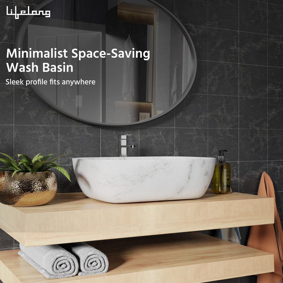Lifelong Wash Basin for Bathroom - Tabletop Washbasin - Ceramic Glossy Round Countertop Vessel Sink Ideal for Bathroom, Dining Hall & Vanity 33x46x16 cm (White and Grey, LLHIBM06)