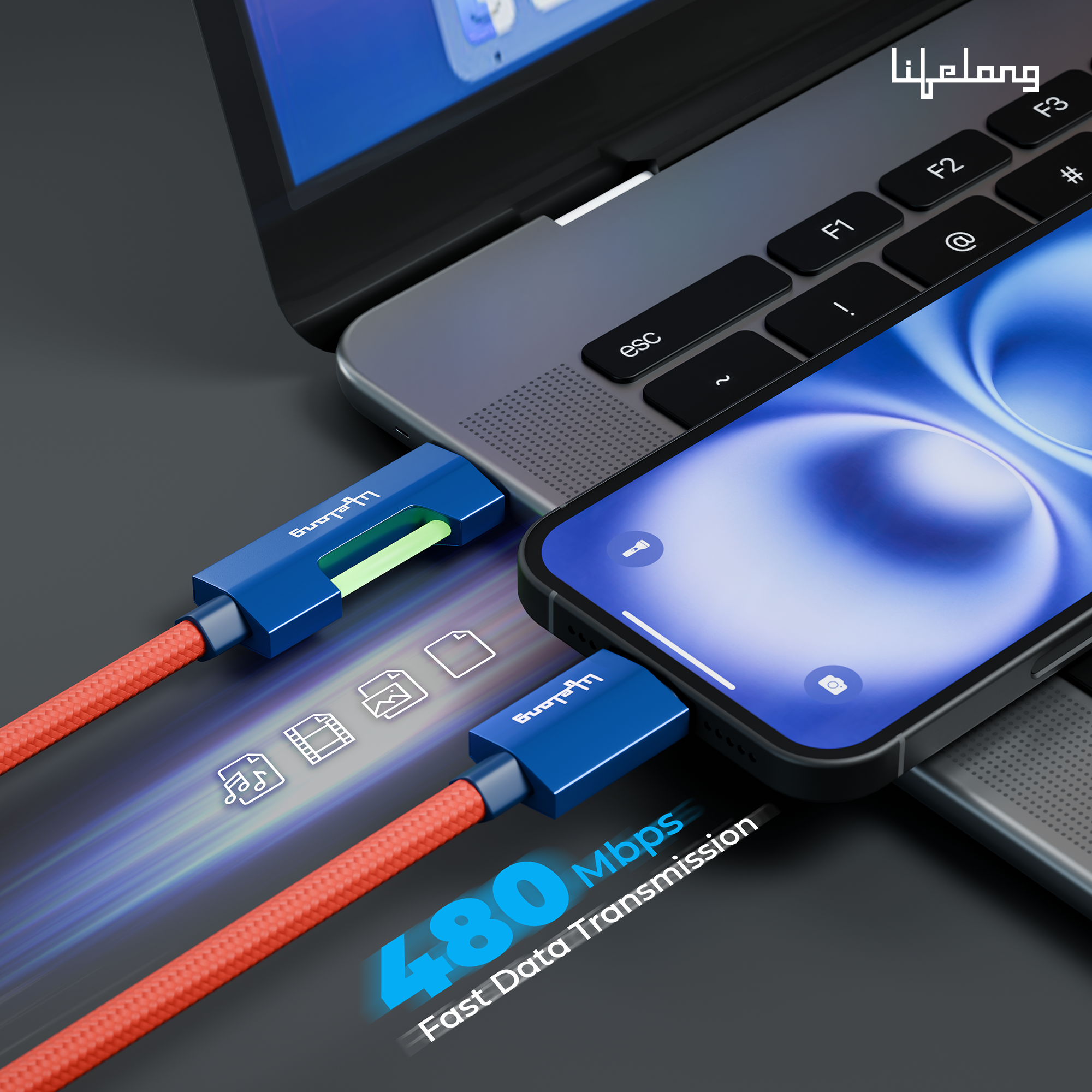 Lifelong Electronics 60W PD USB Type C to Type C Fast Charging Cable with RGB Light | High Speed Data Cable | Strong Nylon Braided & Tangle Free | iPhone 16/15/14, Android, Tablet, Laptop etc. | 1.25M