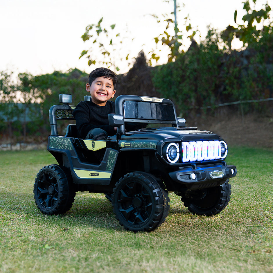 Lifelong 12V Ride-On Jeep Car for Kids – Army Green | Electric Battery Operated with Remote Control, Bluetooth Music, LED Lights, Seatbelt | Age1+ Years