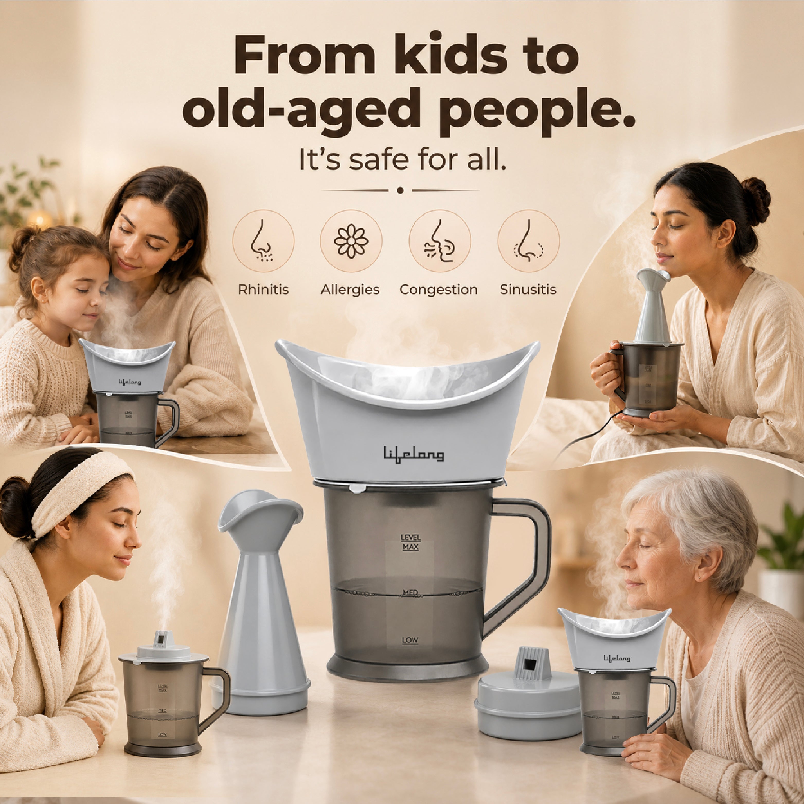 Lifelong 3-in-1 Vaporizer & Steamer for Cold, Cough & Facial | Face Steamer for Facial, Steam Inhaler for Cold & Cough, Vaporizer Machine for Adults and Kids | 1-Min Fast Vaporization, 400ml Capacity