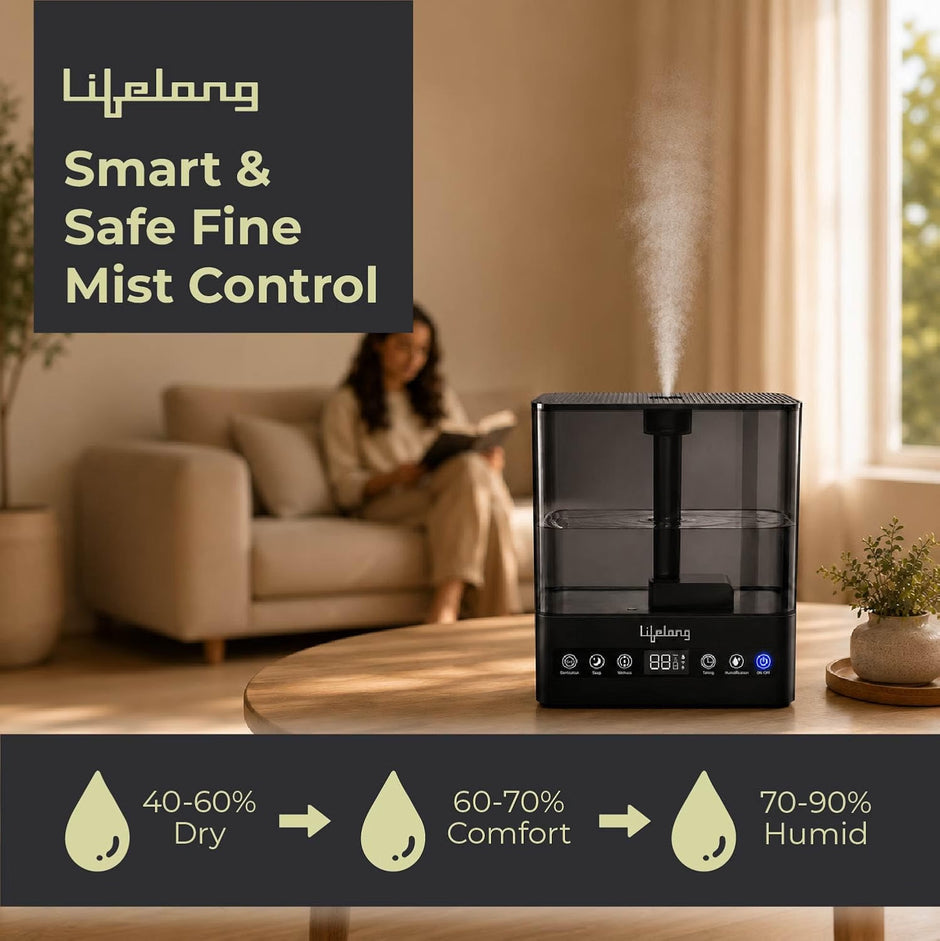 Lifelong Cool Mist Ultrasonic Humidifier for Room Moisture 5L |Top Fill Room Freshener Diffuser for Home, Office, Bedroom, Living Room | 35dB, 360° Nozzle, Adjustable Mist, Auto Shut Off, 8Hr Runtime