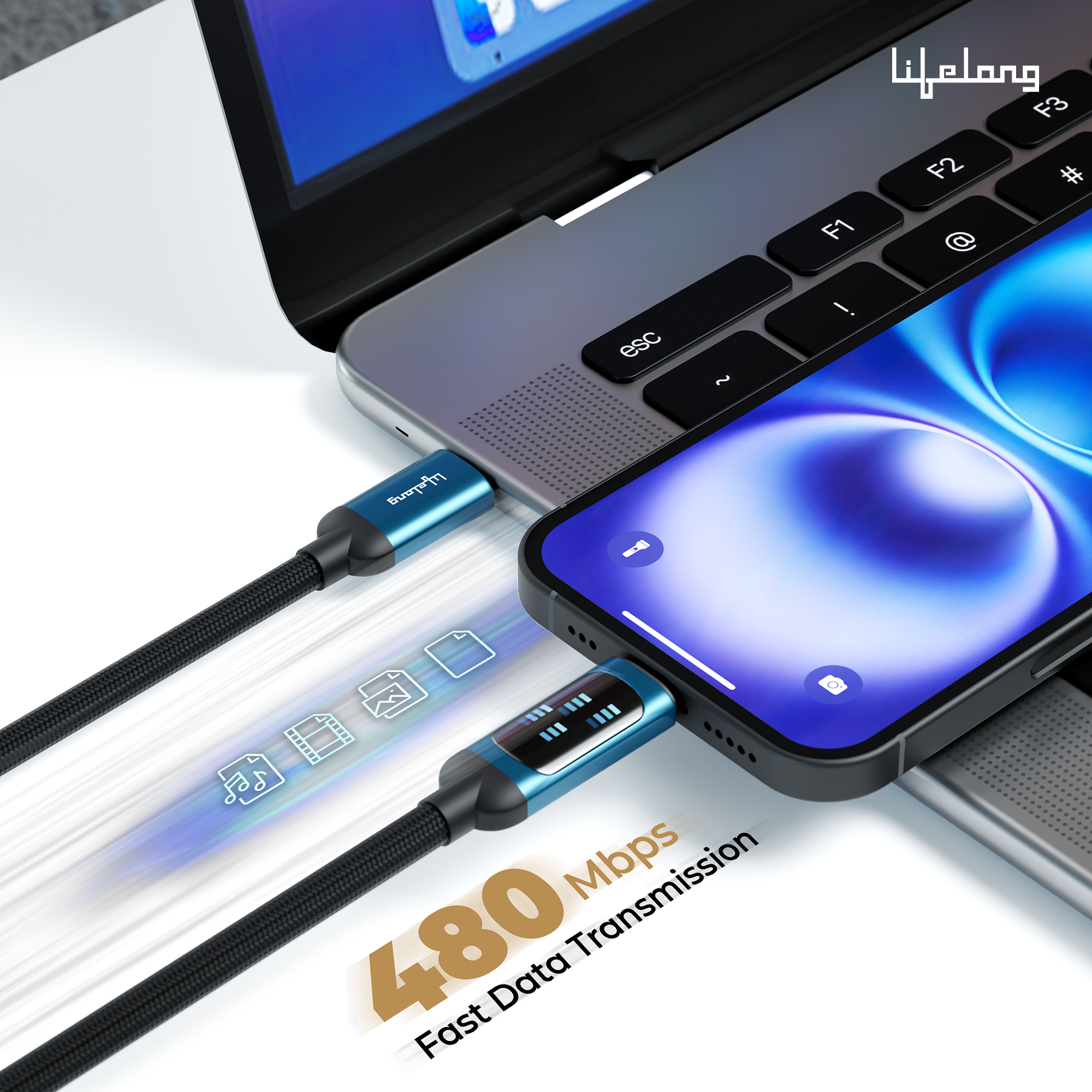 Lifelong Electronics 100W PD USB Type C to Type C Fast Charging Cable with Digital Speed Indicator | High Speed Data Cable | Braided, Tangle Free | iPhone 16/15/14, Android, Laptop, Tablet etc | 1.25M