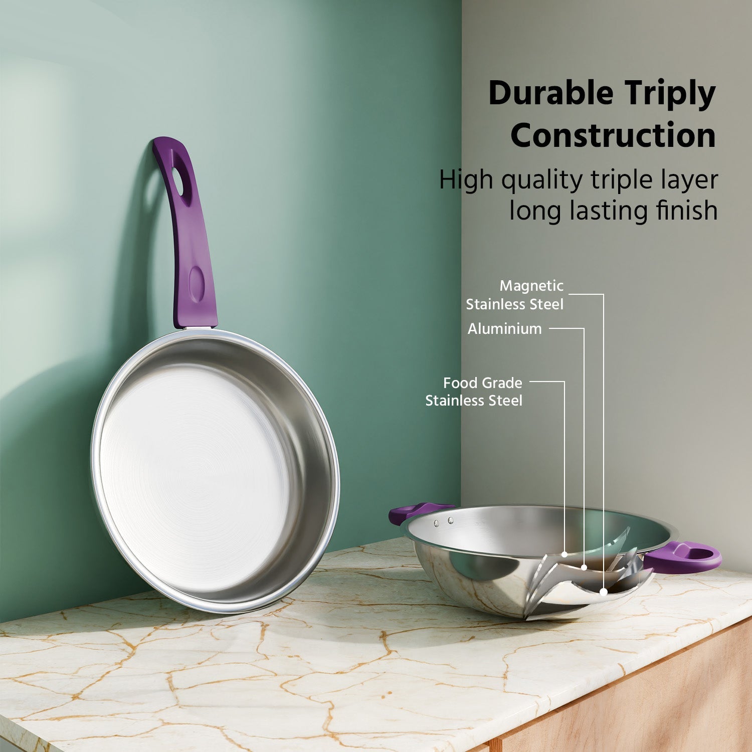 Lifelong 22 CM Kadhai and Fry Pan with Lid| Soft Touch Handles | LLTPC8