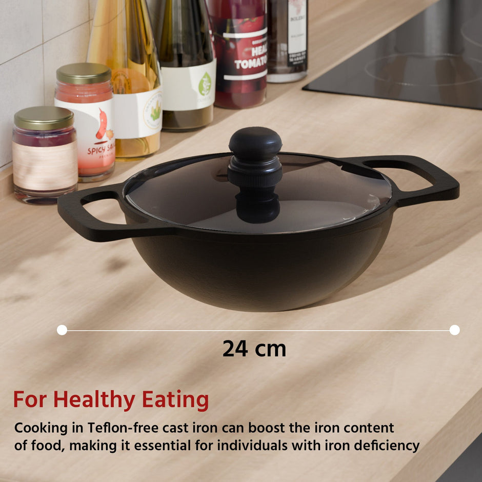 Lifelong Cast Iron Kadai 24cm + glass lid With Wooden Spatula