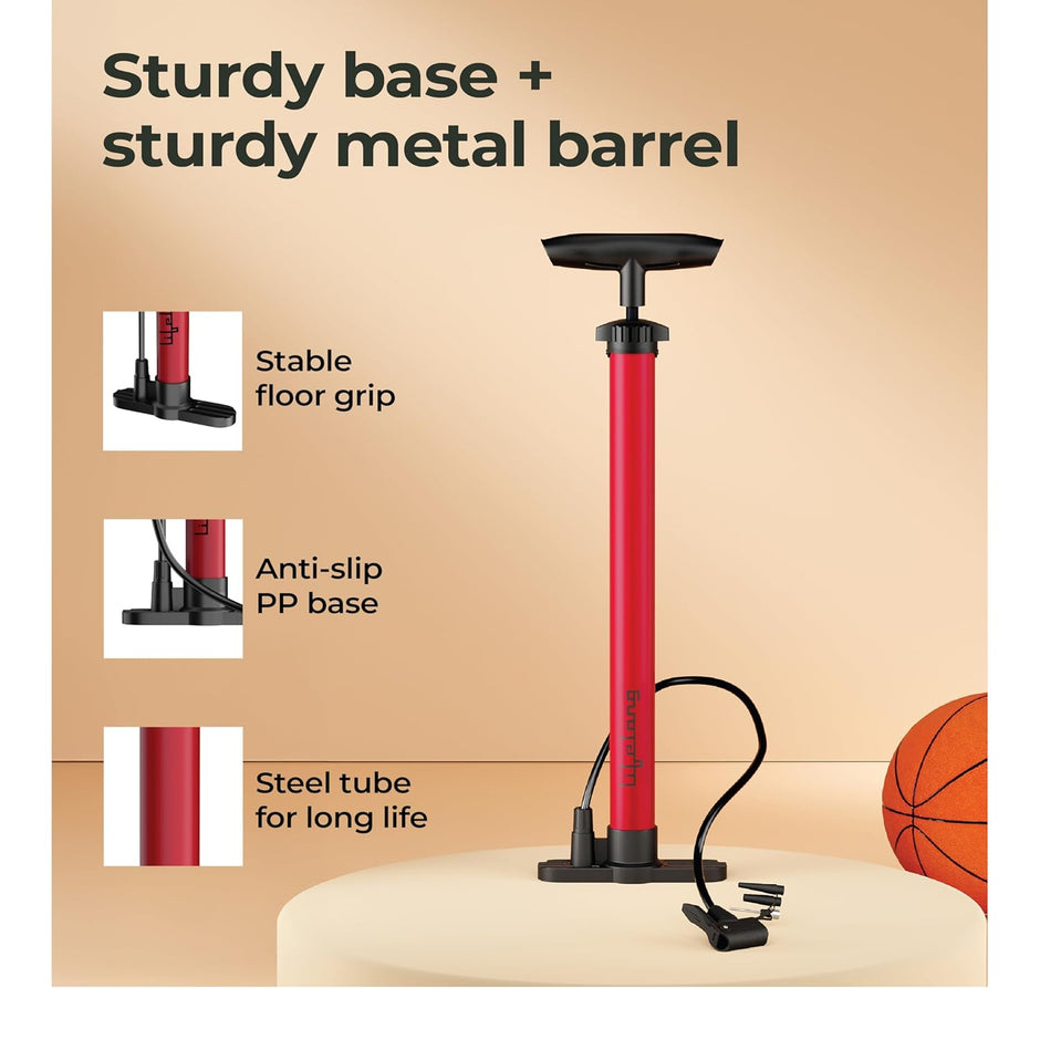 Lifelong Portable High Pressure Bicycle Air Pump | Hand Air Pump to Upto120 PSI | Durable Metal Body with Foldable Base |Red