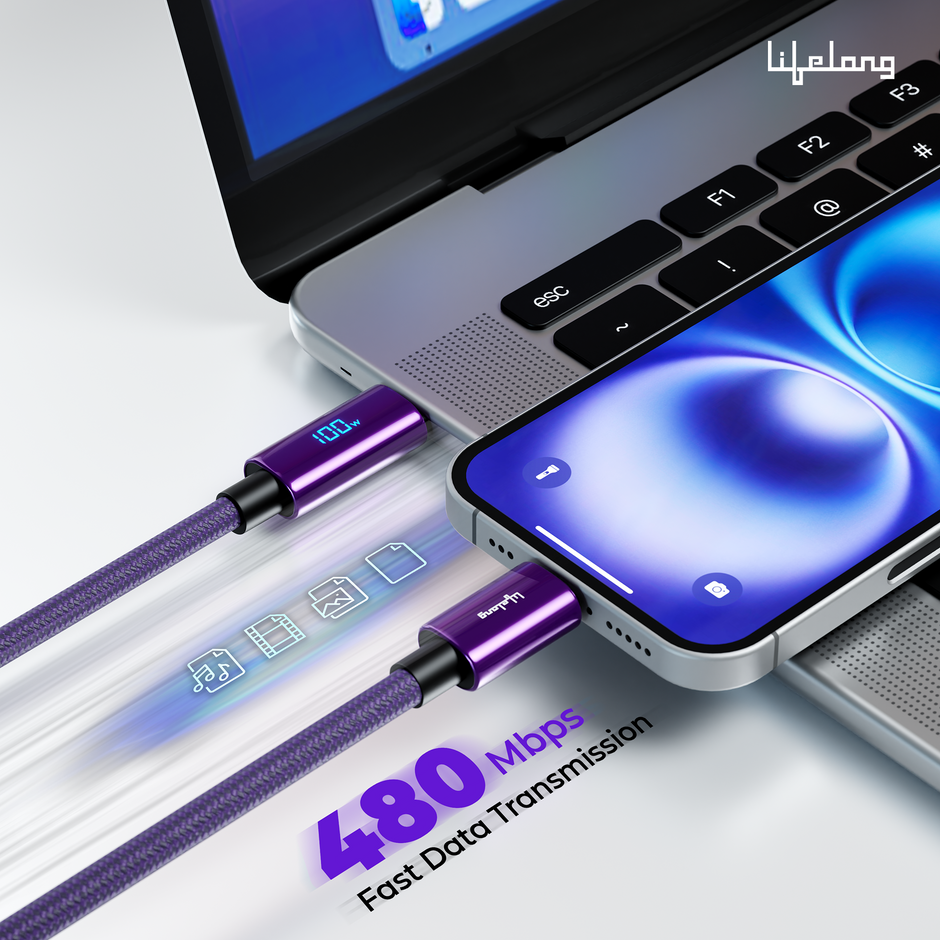 Lifelong Electronics 100W PD USB Type C to Type C Fast Charging Cable with Digital Power Indicator | High Speed Data Cable | Braided, Tangle Free | iPhone 16/15/14, Android, Laptop, Tablet etc | 1.25M