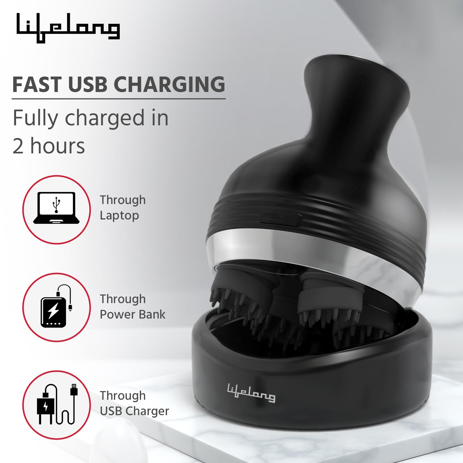 Lifelong Rechargeable Head and Full Body Pain Relief Massager, Electric Kneading Massager With 4 Speed Modes, Handheld Portable Scalp Scratcher for Hair Growth, Deep Clean & Relaxation
