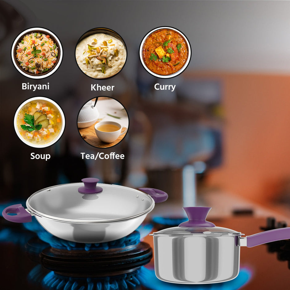 Lifelong Kadhai with Lid and Sauce Pan| Soft touch handles | LLTPC1