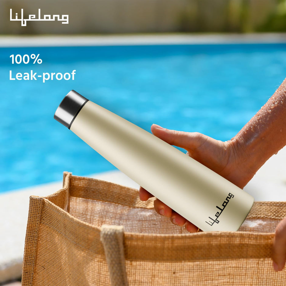Lifelong Stainless Steel Water Bottle 900ml | Durable, Leak-Proof, Easy Grip, Rust Free, Easy-to-Clean, Odour-Free Bottle with Secure Cap for School, Travel, Gym & Work (LLBT03, Beige)