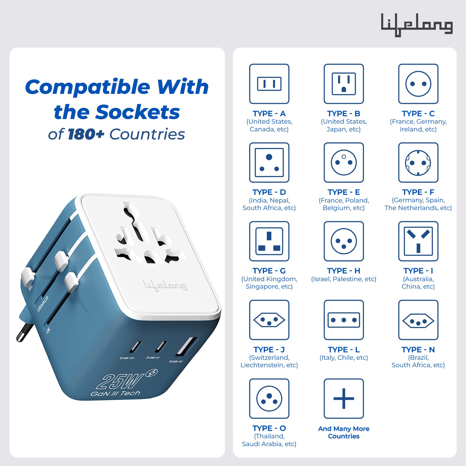 Lifelong Electronics 2500W Universal Travel Adapter All in One | 2 Type-C 25W PD & 1 USB-A 18W QC 3.0 | Dual Fuse Protection | 180+ Countries - Europe/US/Asia etc | International Socket Accessories