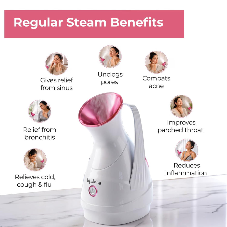 Lifelong Steamer & Vaporizer for Cough, Cold & Facial-100ml | Nano-Ionic Portable Face Steamer for Facial, Steam Inhaler for Sinus & Vaporizer Machine for Adults & Kids | 10Sec Mist, 10 Cotton Pads
