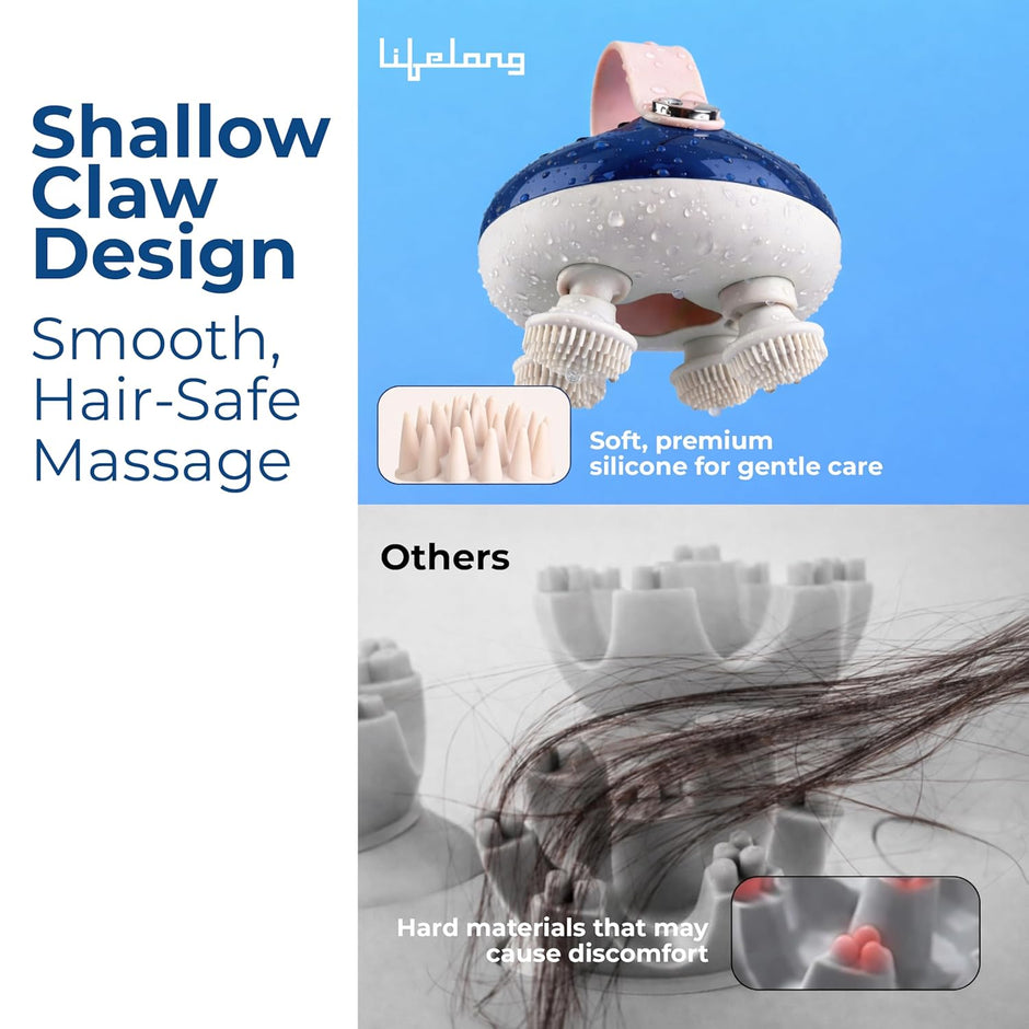 Lifelong Scalp & Body Massager | Head Massager for Stress Relief & Relaxation | 3 Speed Modes with Light Indicators | Red Light for Hair Growth | Portable & Handheld | Detachable Silicone Heads