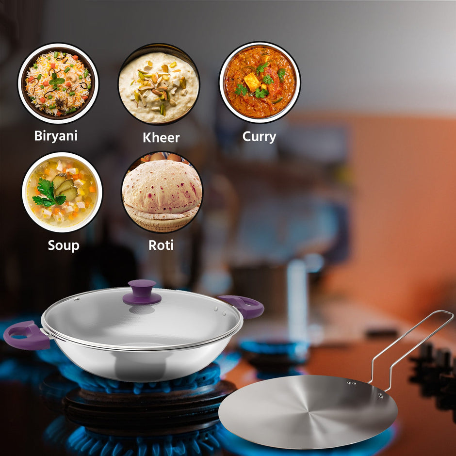 Lifelong 22 CM Kadhai with Lid and Roti Tawa| Soft touch handles | LLTPC4