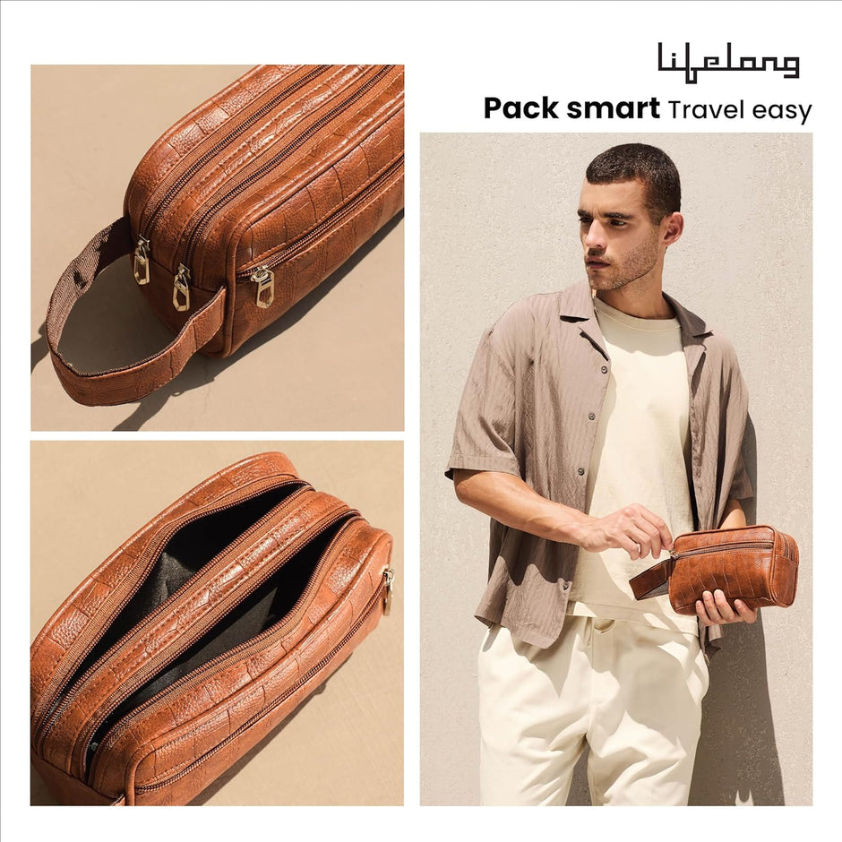 Lifelong Toiletry Bag for Men & Women | Vegan Leather Travel Pouch & Organizer | Shaving Kit, Grooming & Makeup Pouch | Cosmetic Toiletry Bag for Travel, Gym, Daily Use & Travel Accessories (Tan)