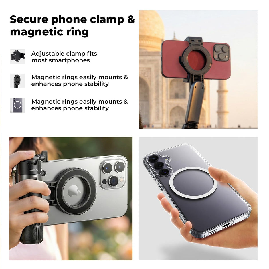 Lifelong Selfie Stick Tripod with Magsafe & Wireless Bluetooth Remote | Lightweight & Portable| Extendable Cell Phone Stand with Phone Clamp & Magnetic Ring | Ideal for iPhone & Android Mobile