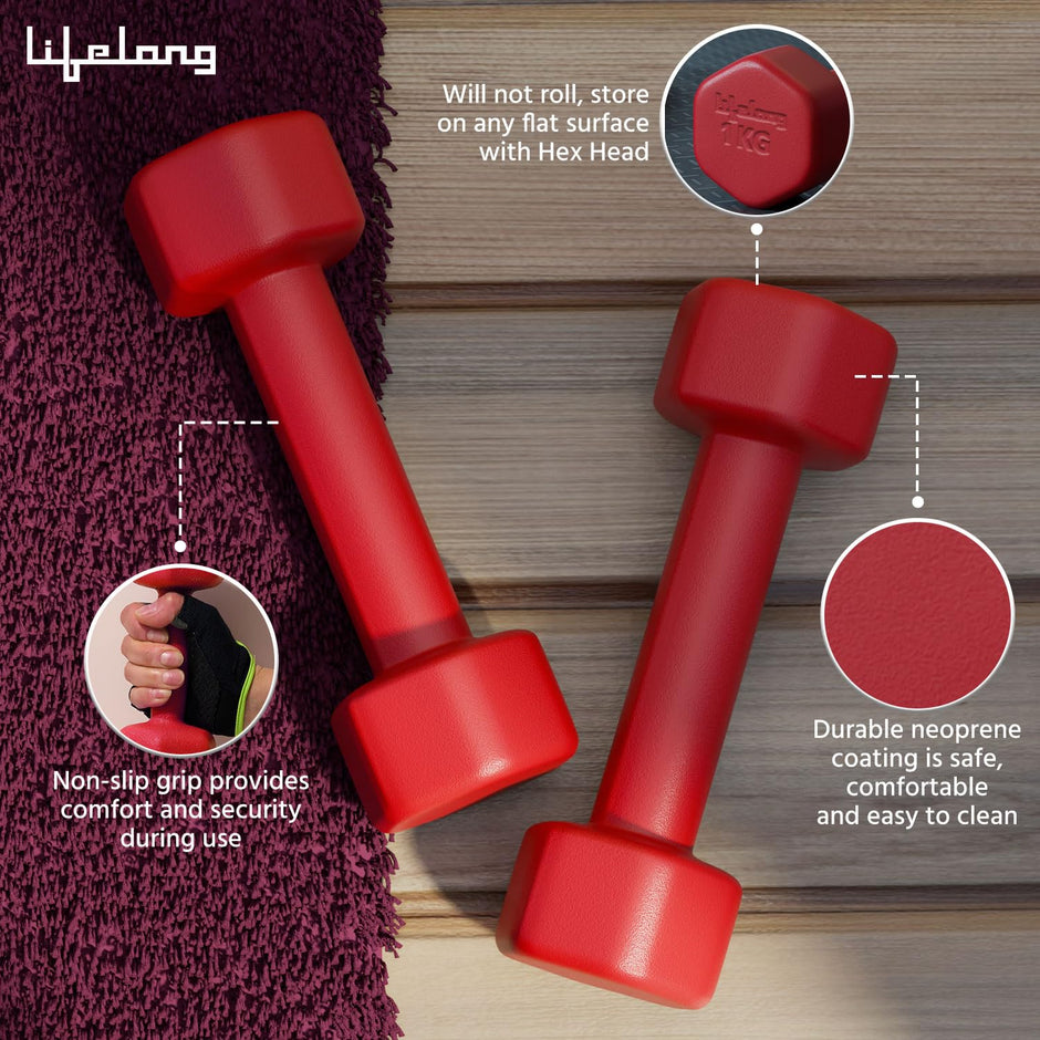 Lifelong Neoprene Dumbbells Set of 2 (1kg x 2) Fixed Weight Set for Home Gym, Fitness, Gym Exercise, Home Workout Weights for Men & Women, Red