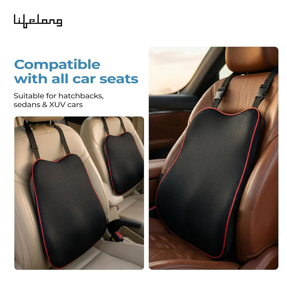 Lifelong Car Lumbar Support Cushion for Back Pain Relief| 100% Memory Foam Ergonomic Posture Pillow for Drive, Sciatica, Lower Back| Adjustable Strap, Breathable Mesh Cover (LLBR11)