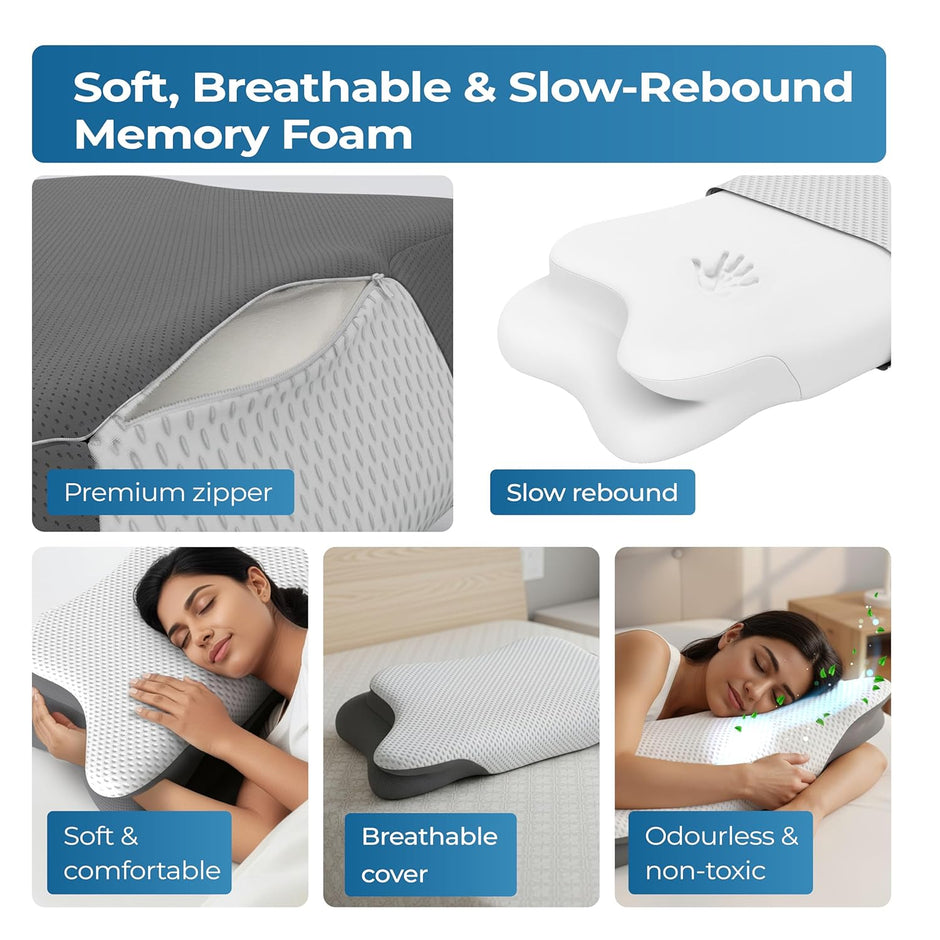 Lifelong Cervical Butterfly Pillow for Neck & Shoulder Pain Relief | Orthopedic Memory Foam Cushion | Ergonomic Contour Design & Dual Height Support | Side Sleeper Pillow with Arm Rest (LLBCP05)