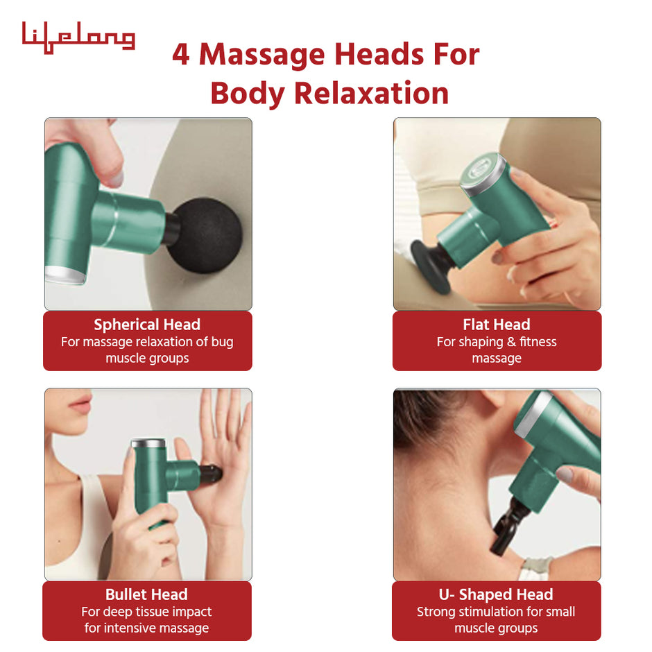 Lifelong Wireless Powerful Gun Massager with 4 Heads|Deep Tissue Percussion Muscle Massager for Pain Relief & Recovery|Portable Handheld Electric Fascial Gun Massager