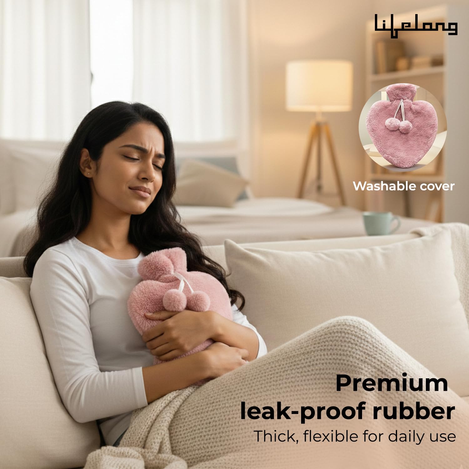 Lifelong Heart Shaped Hot Water Bottle 1000 ml with Washable Fur Cover | Hot Water Bag for Pain Relief & Period Cramps | Ideal for Hand & Belly Warmer | Comfort with Leak-Proof Design